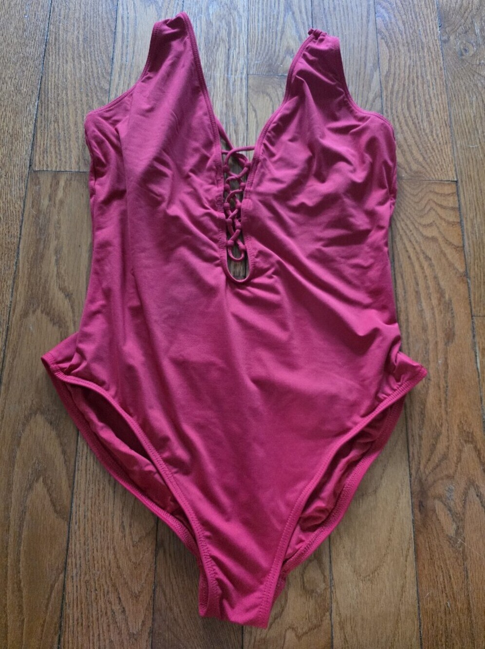 La Blanca Red Lace-Up V-Neck One-Piece Swimsuit